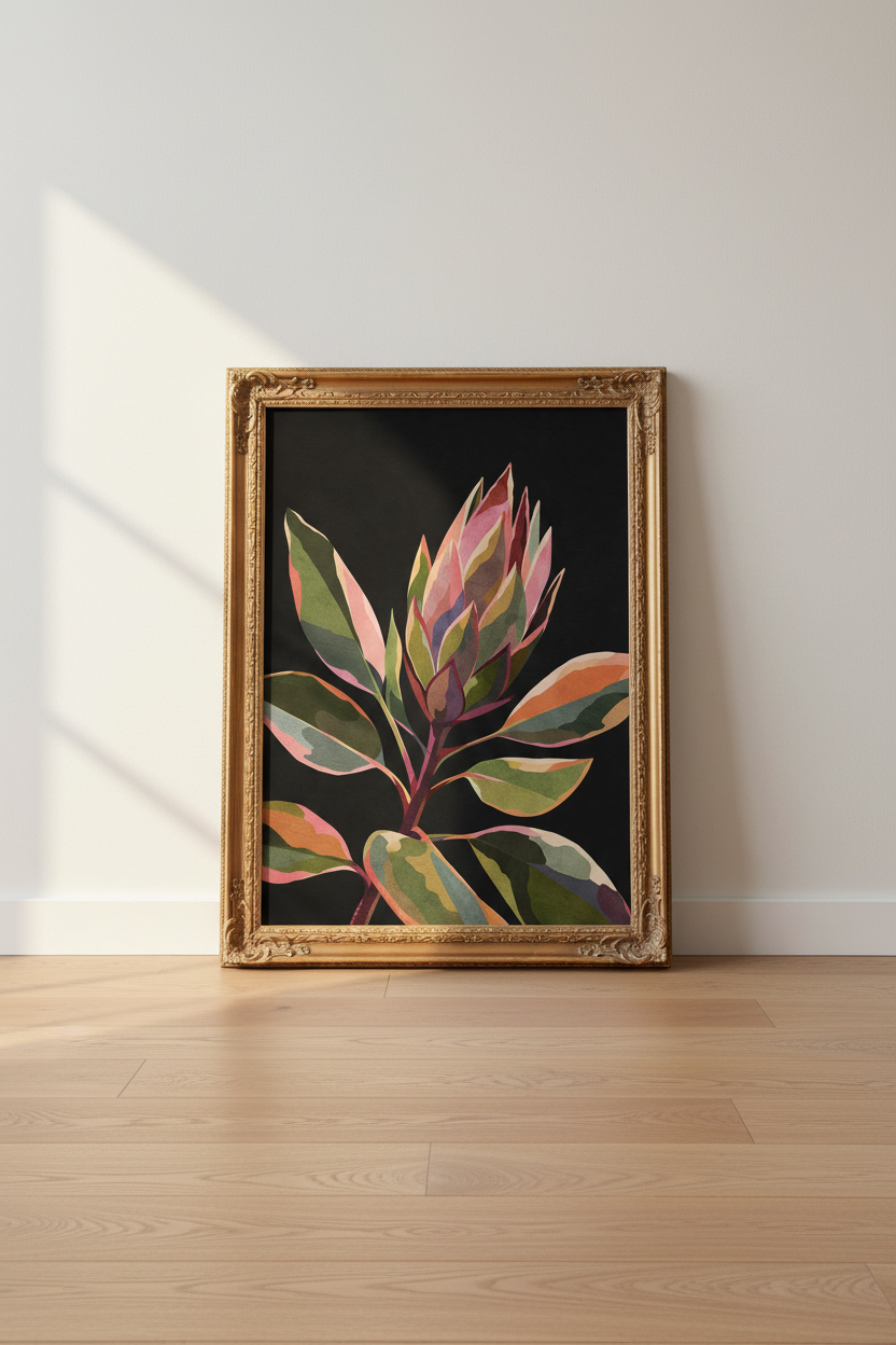 Botanical Art Print | Abstract Colorful Floral on Dark Backdrop | Living Room Decor