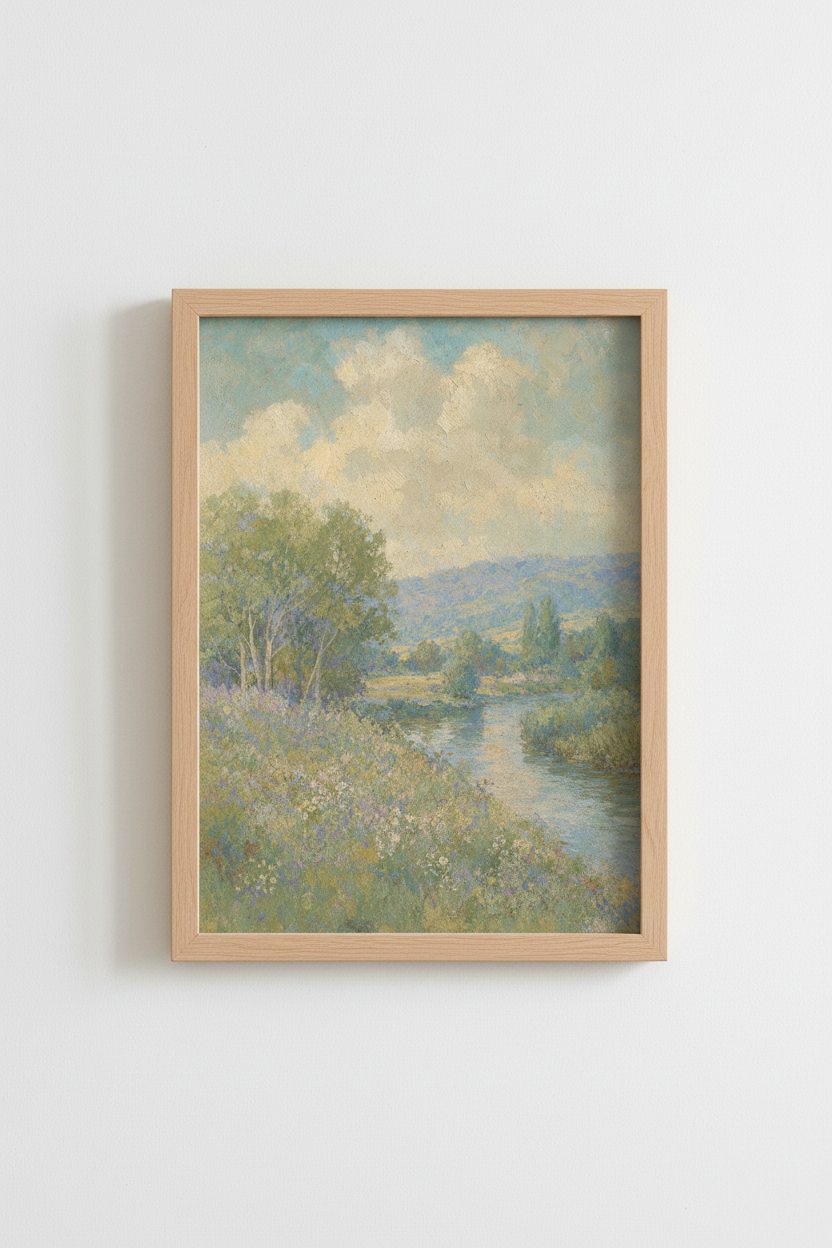 Pastel Landscape | Impressionist Riverside, Soft Hues | Living Room Decor