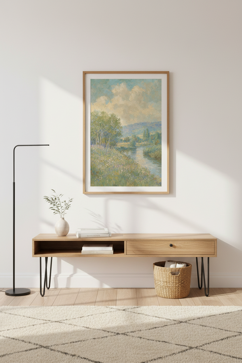 Pastel Landscape | Impressionist Riverside, Soft Hues | Living Room Decor