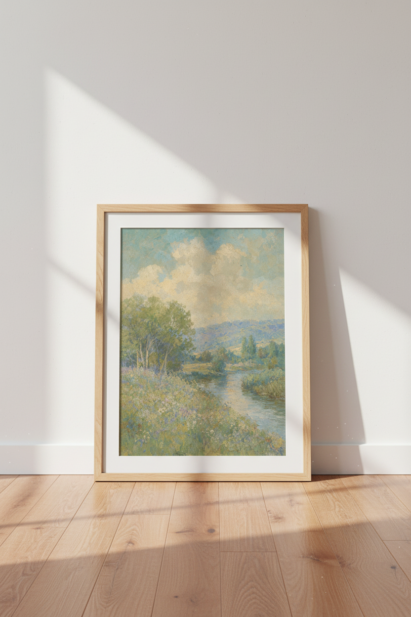 Pastel Landscape | Impressionist Riverside, Soft Hues | Living Room Decor