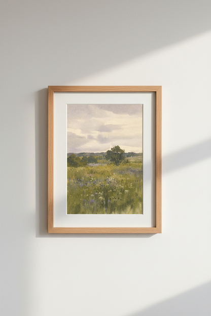 Pastel meadow print | Watercolor landscape, tranquil hues | Living Room Decor
