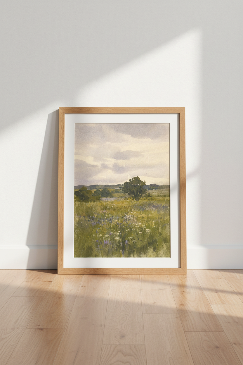 Pastel meadow print | Watercolor landscape, tranquil hues | Living Room Decor