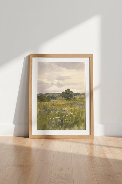 Pastel meadow print | Watercolor landscape, tranquil hues | Living Room Decor