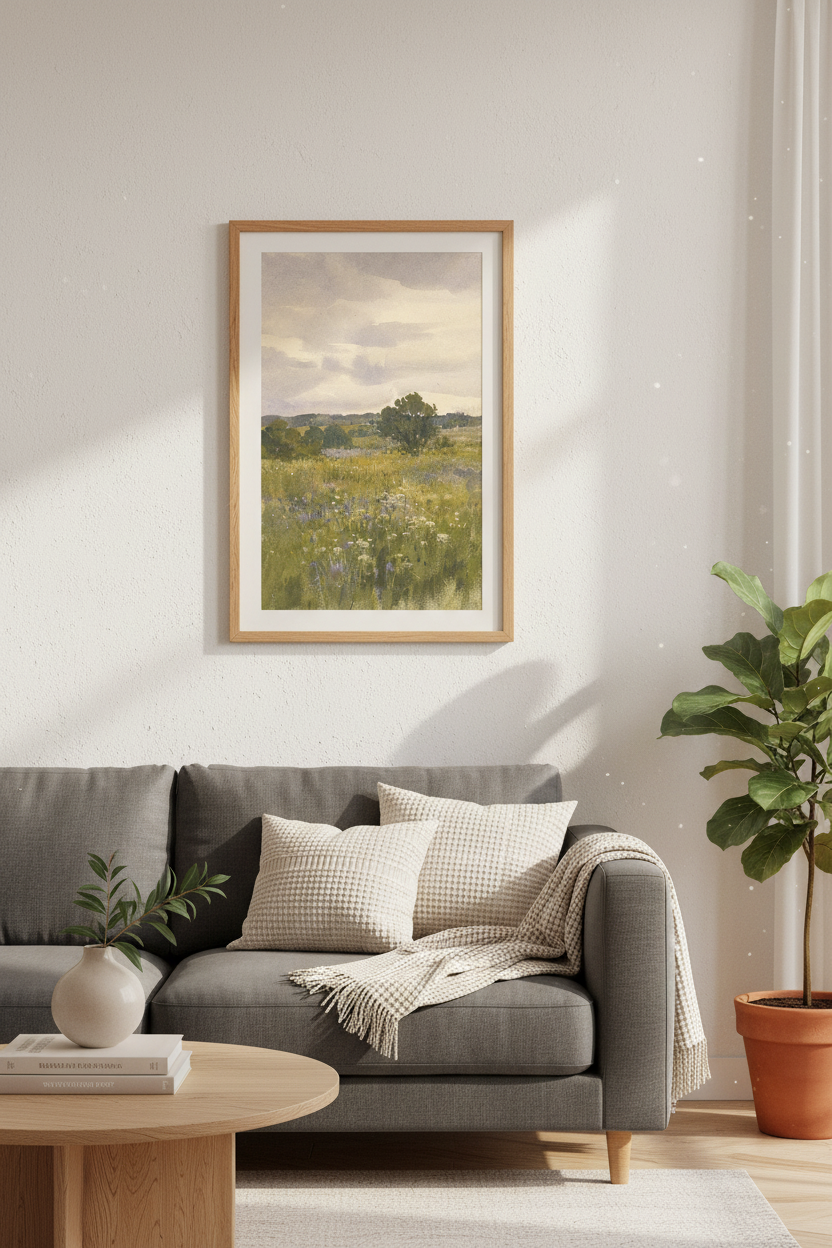 Pastel meadow print | Watercolor landscape, tranquil hues | Living Room Decor