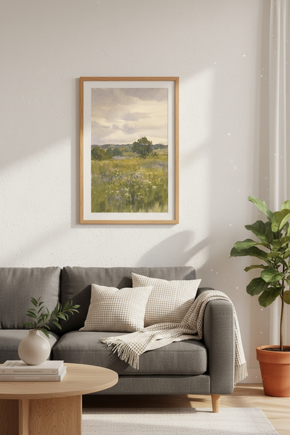 Pastel meadow print | Watercolor landscape, tranquil hues | Living Room Decor