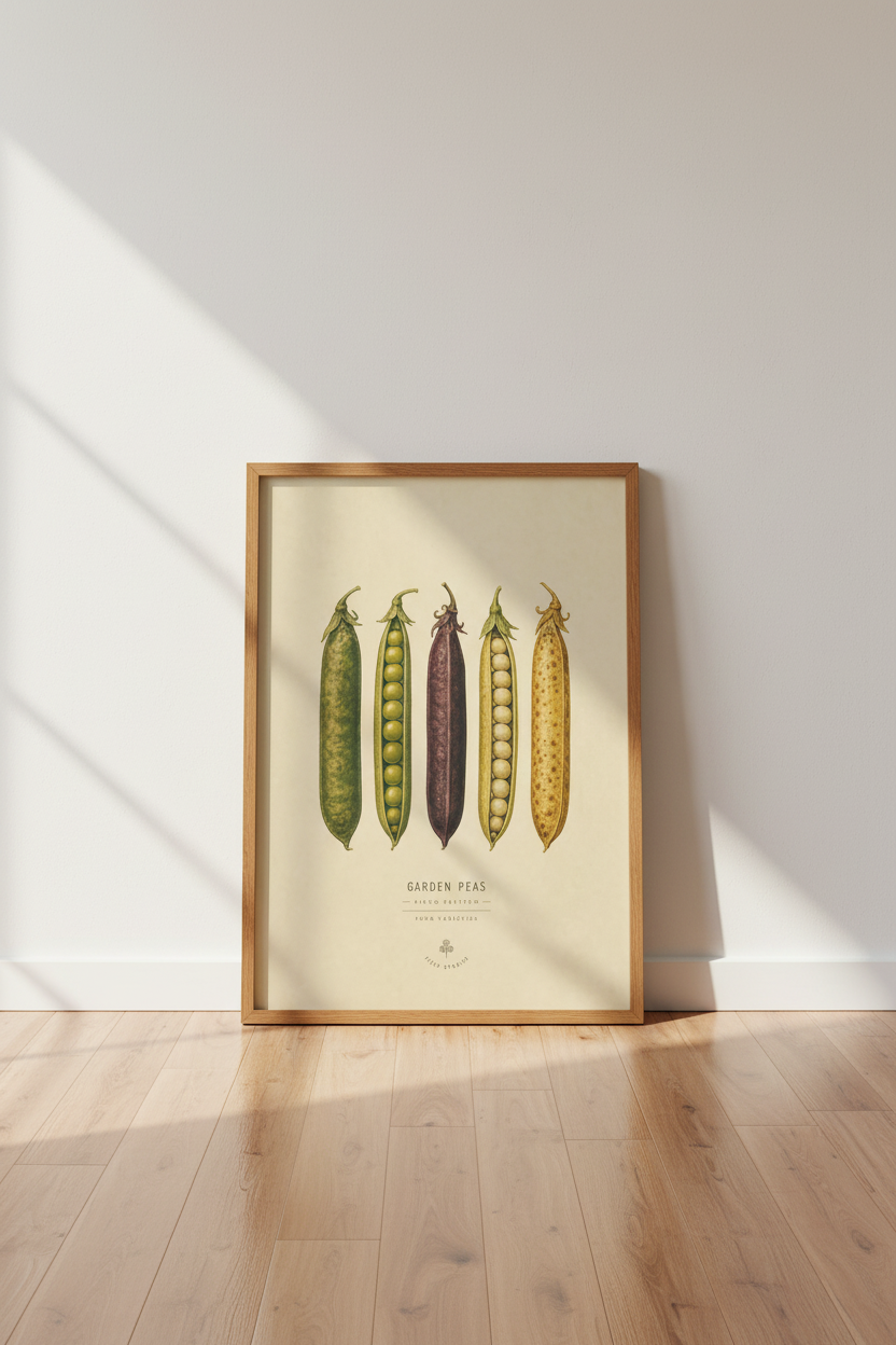 Garden Pea Botanical Print | Vintage Kitchen Wall Art, Farmhouse Garden Decor