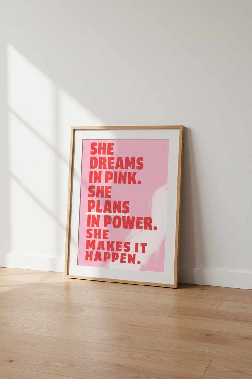 She Dreams in Pink Poster | Feminist Typography Art | Office &amp; Bedroom Decor