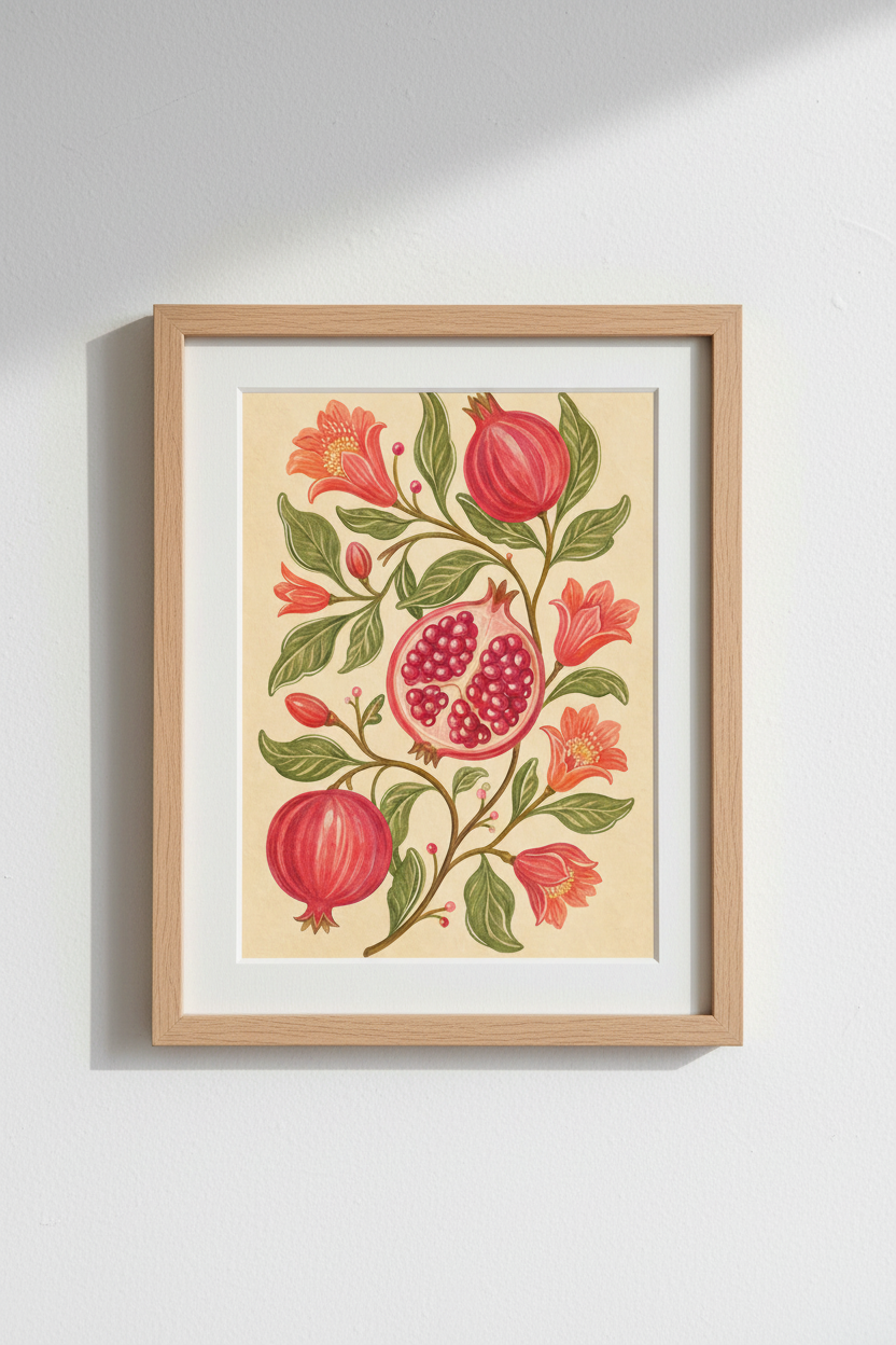 Pomegranate Poster | Watercolor Florals, Warm Sepia Tones, Living Room Decor