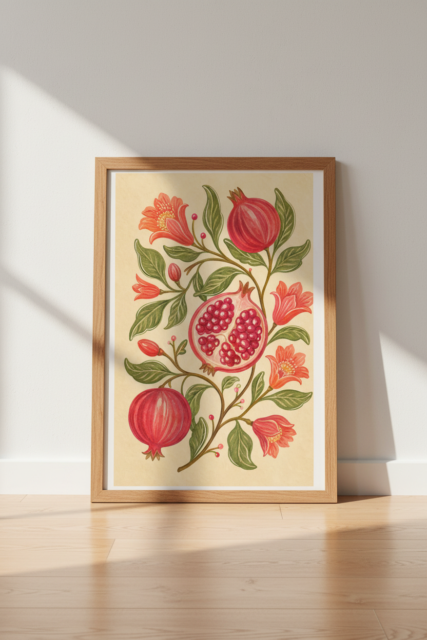 Pomegranate Poster | Watercolor Florals, Warm Sepia Tones, Living Room Decor