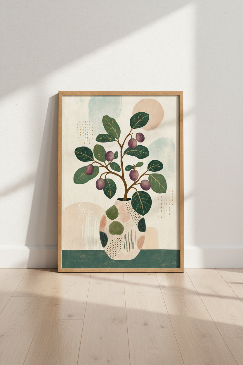 Abstract Botanical Fruit Art Print | Japandi Vase Poster | Modern Boho Living Room Decor
