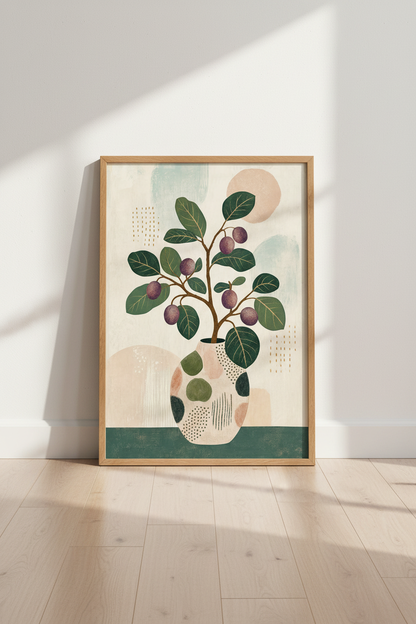Abstract Botanical Fruit Art Print | Japandi Vase Poster | Modern Boho Living Room Decor