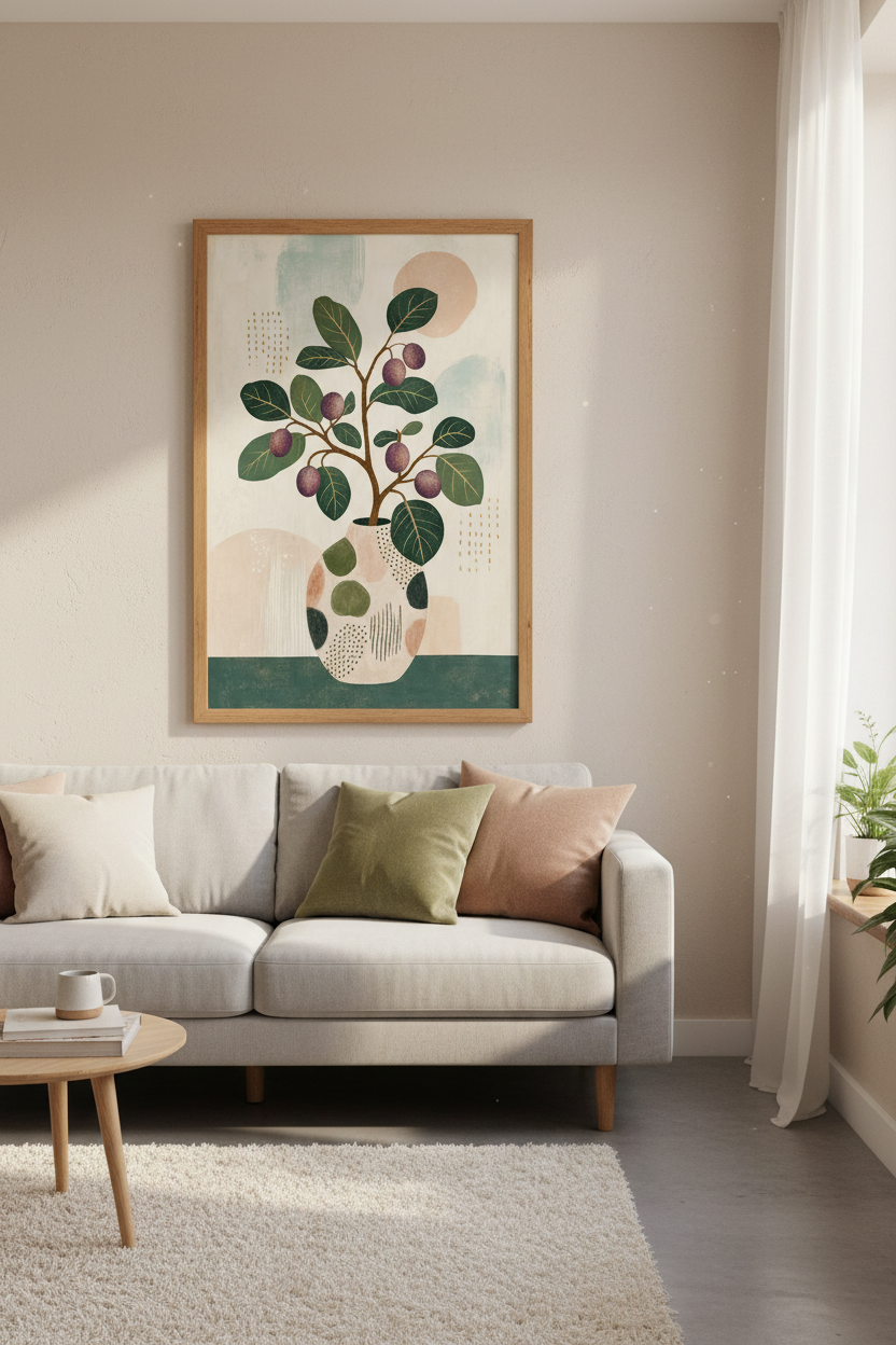 Abstract Botanical Fruit Art Print | Japandi Vase Poster | Modern Boho Living Room Decor