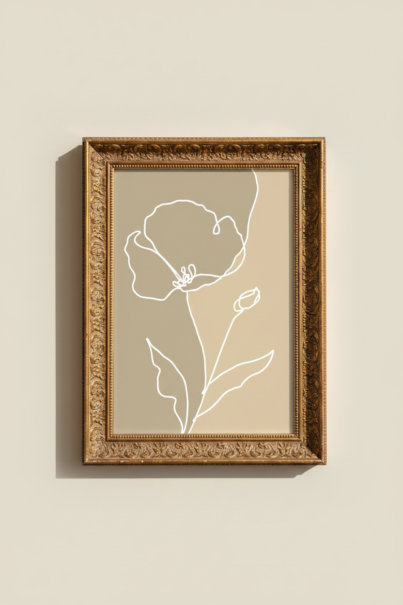 Line Art Flower | Minimalist Beige, Living Room Decor