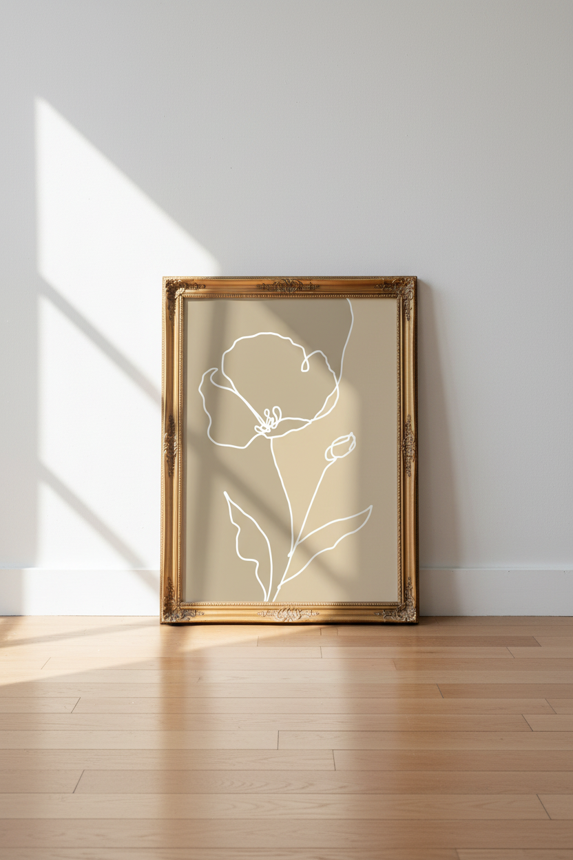 Line Art Flower | Minimalist Beige, Living Room Decor