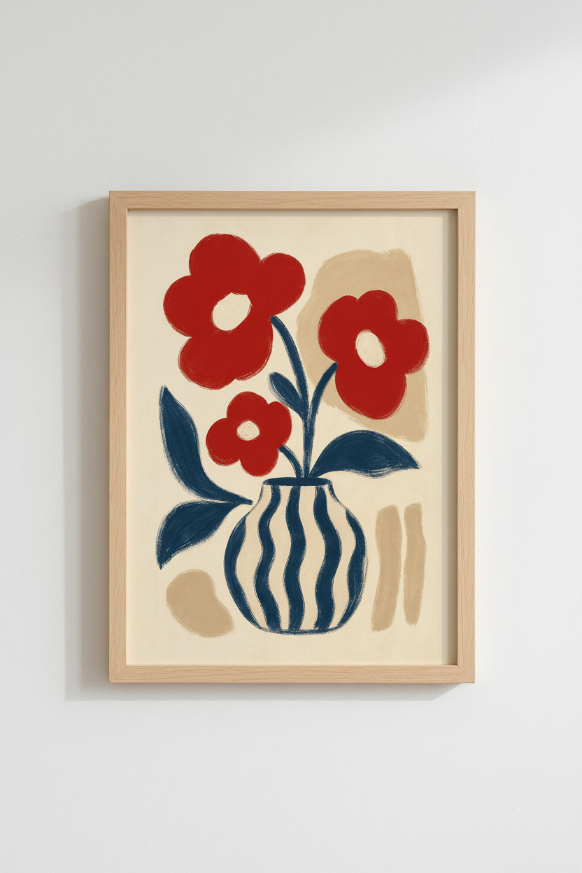 Abstract wall art | Red floral vase, blue accents | Living Room decor