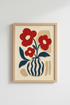 Abstract wall art | Red floral vase, blue accents | Living Room decor