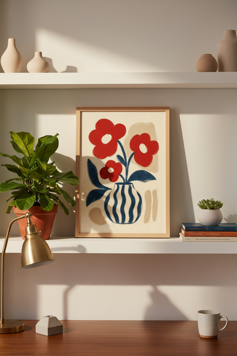 Abstract wall art | Red floral vase, blue accents | Living Room decor