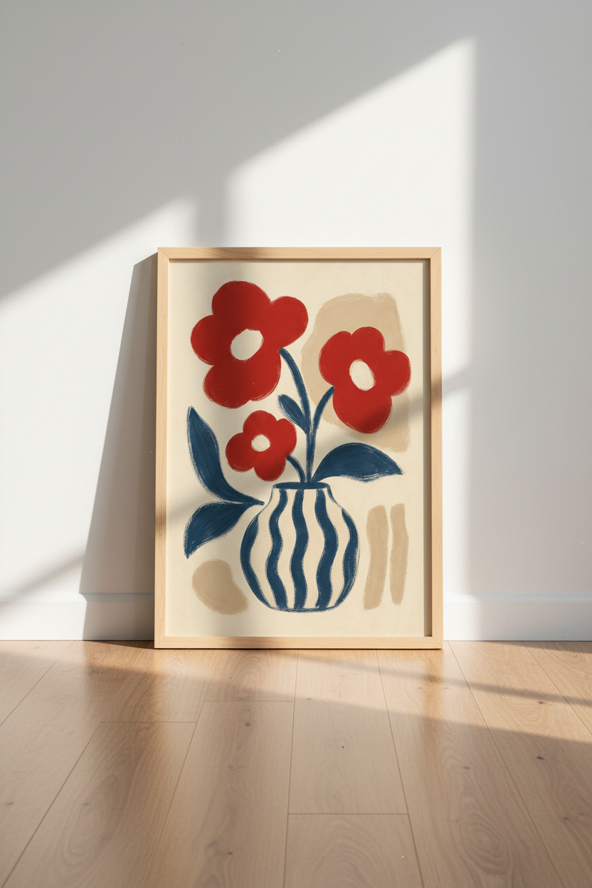 Abstract wall art | Red floral vase, blue accents | Living Room decor