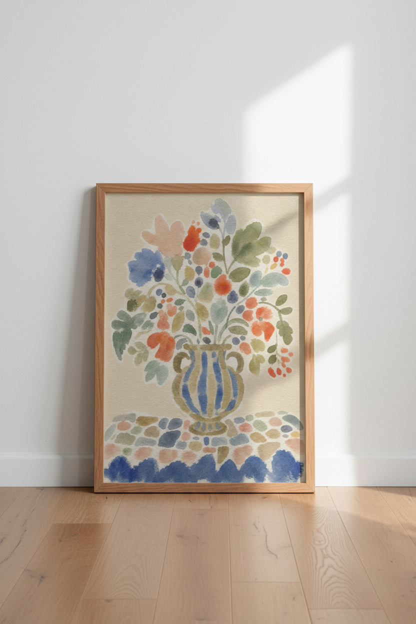 Pastel floral print | Watercolor vase bouquet, Living room decor