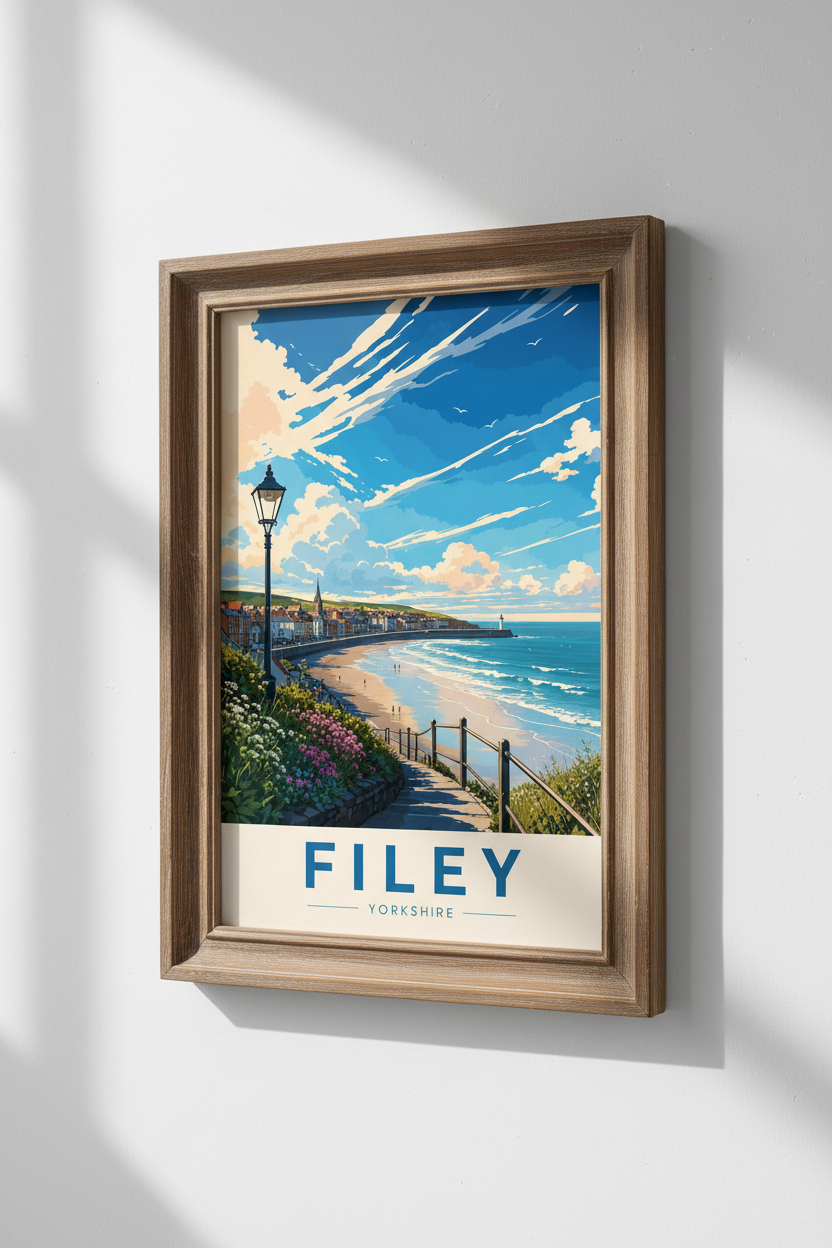 Filey Yorkshire Travel Poster | Coastal Beach Wall Art, Vintage Seaside Print