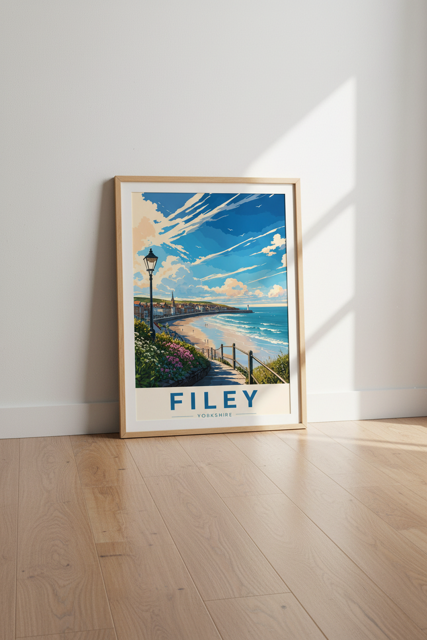 Filey Yorkshire Travel Poster | Coastal Beach Wall Art, Vintage Seaside Print