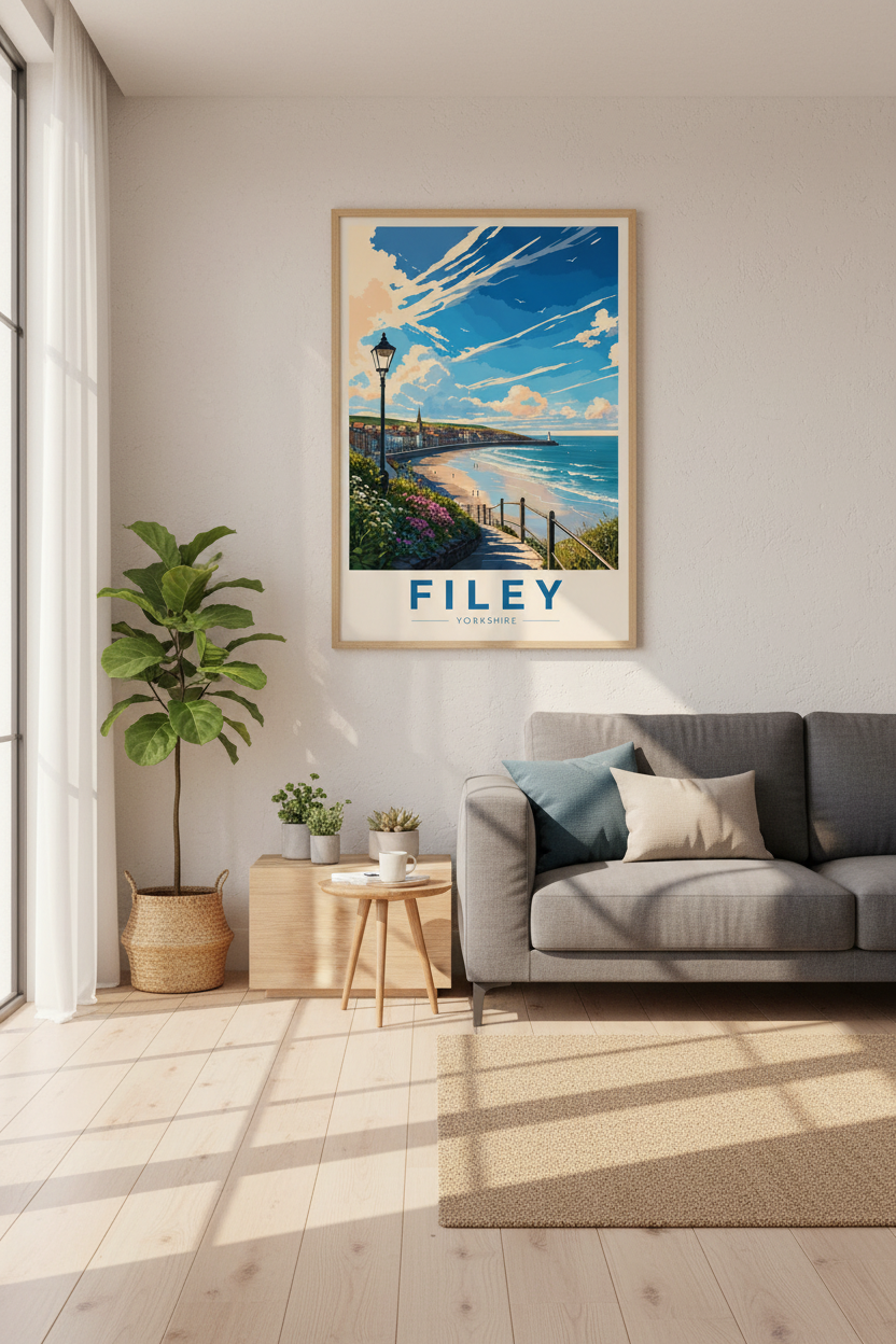 Filey Yorkshire Travel Poster | Coastal Beach Wall Art, Vintage Seaside Print