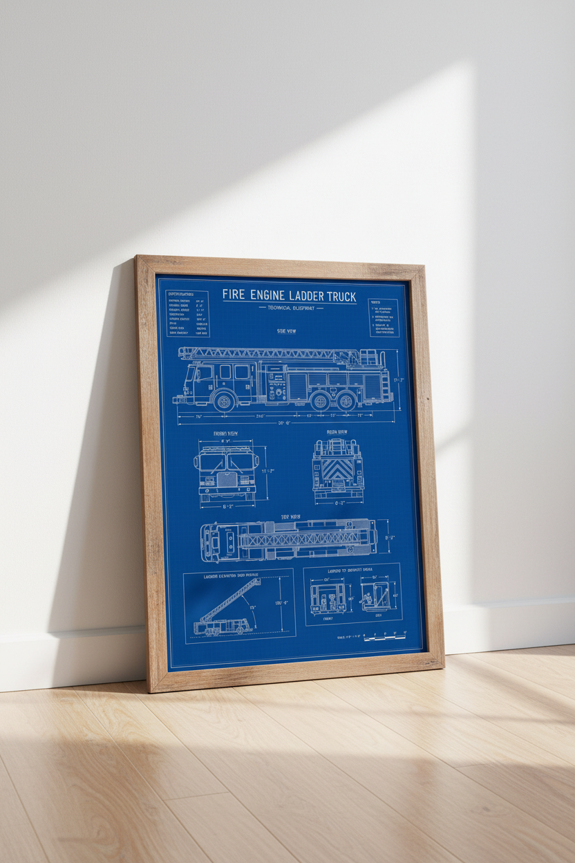 Fire Engine Truck Blueprint Wall Art | Office Decor | Industrial Technical Poster