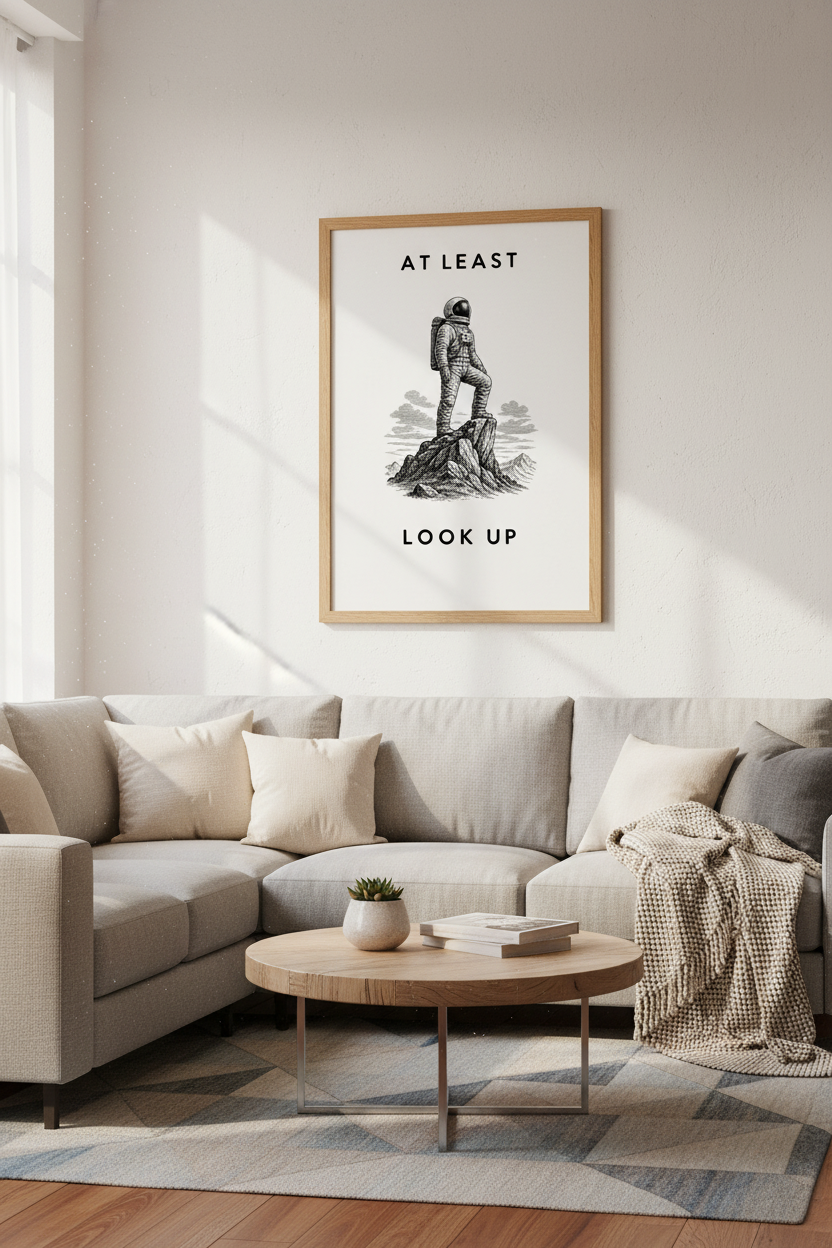 Astronaut Mountain Wall Art | Minimalist Black &amp; White Poster, Modern Office Decor