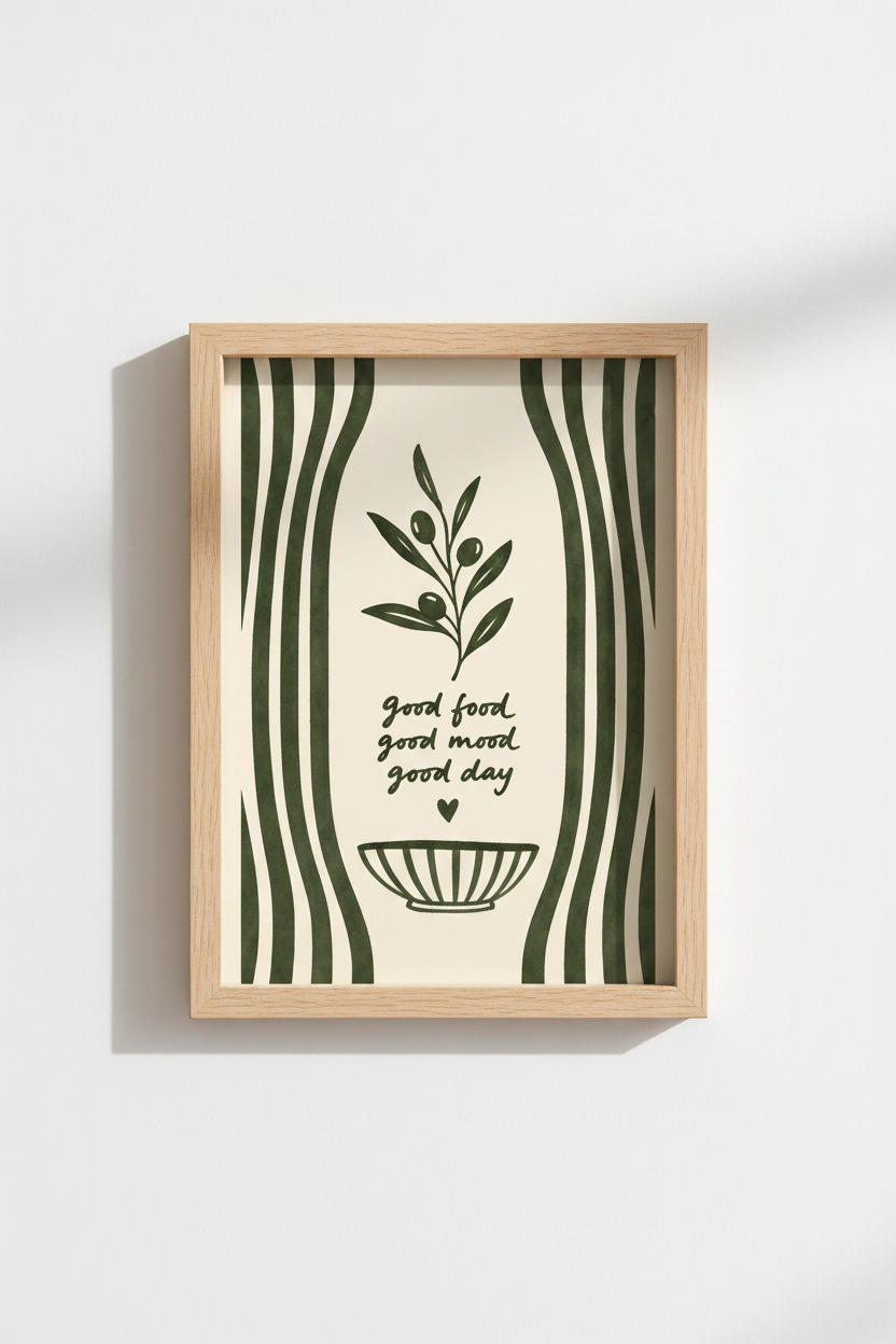 Mediterranean Kitchen Print | Sage Green Olive Branch Wall Art, Minimalist Food Poster
