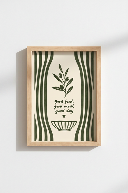 Mediterranean Kitchen Print | Sage Green Olive Branch Wall Art, Minimalist Food Poster