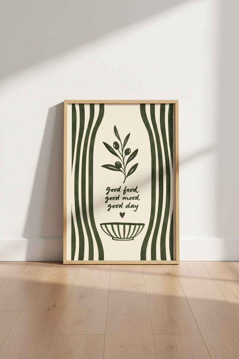Mediterranean Kitchen Print | Sage Green Olive Branch Wall Art, Minimalist Food Poster