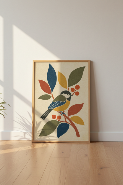 Mid Century Bird Wall Art | Earthy Botanical Chickadee, Modern Home Decor