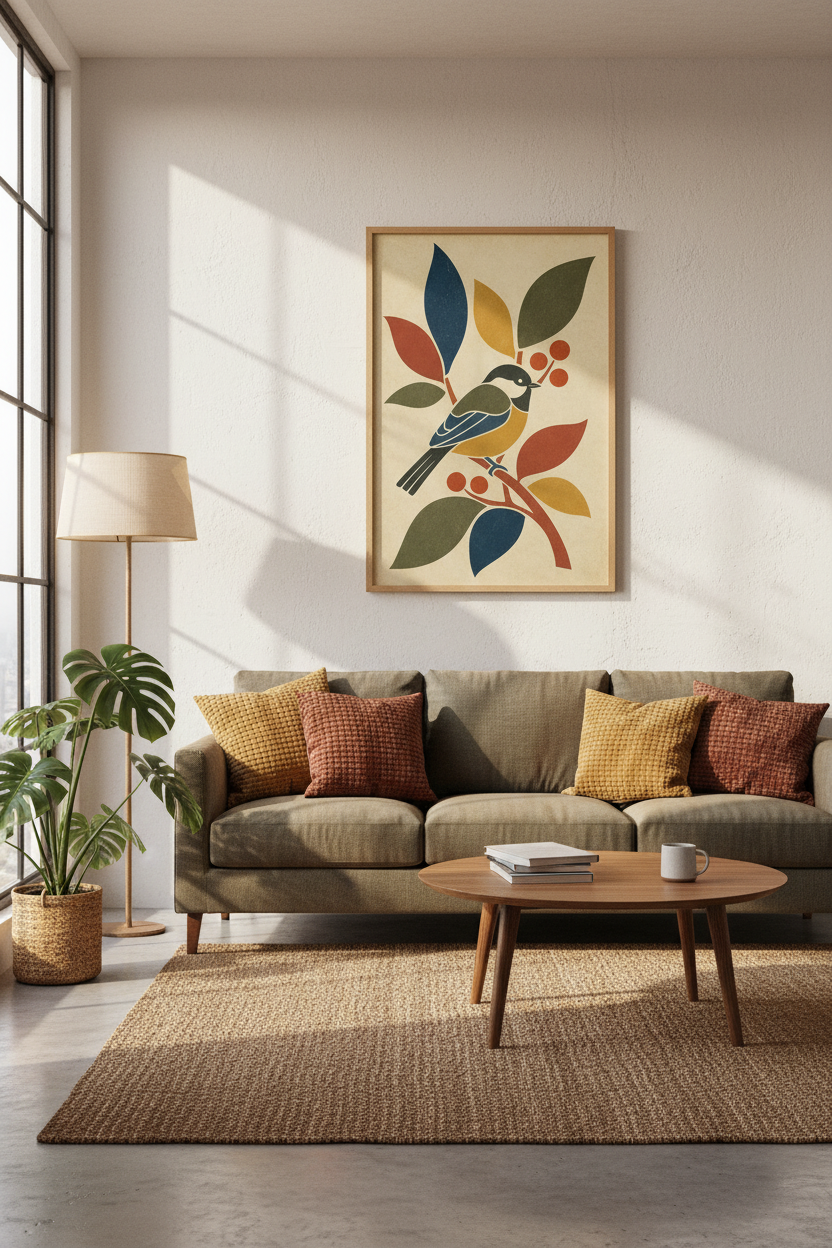 Mid Century Bird Wall Art | Earthy Botanical Chickadee, Modern Home Decor