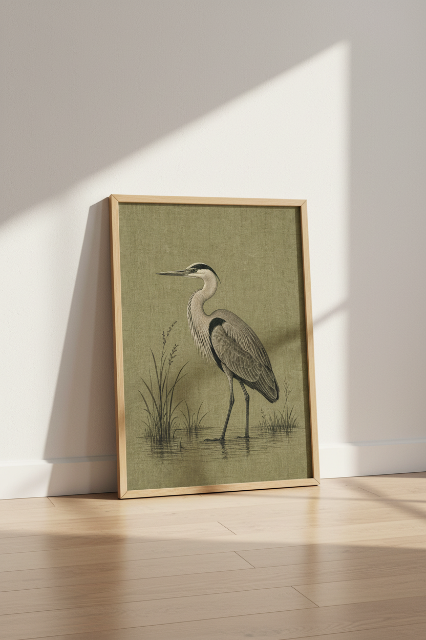 Vintage Heron Wall Art | Antique Bird Sketch, Sage Green Coastal Decor