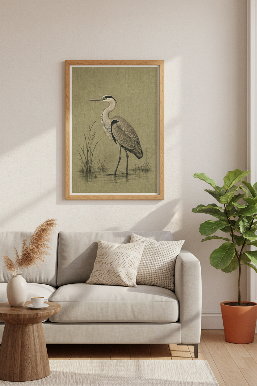 Vintage Heron Wall Art | Antique Bird Sketch, Sage Green Coastal Decor