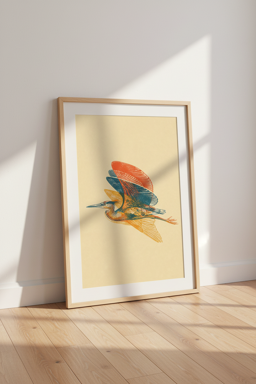 Heron Bird Wall Art | Vintage Blue &amp; Orange Block Print, Coastal Living Room Poster