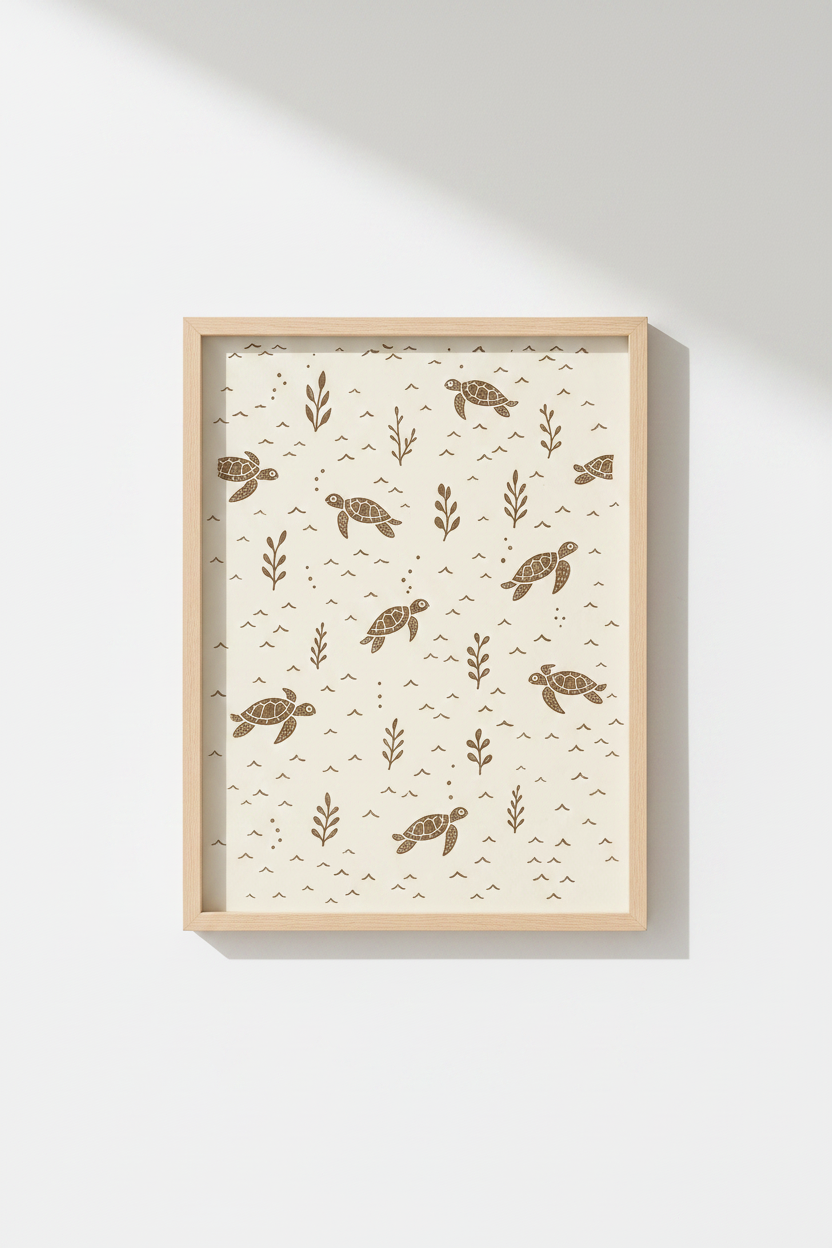 Sea Turtle Wall Art | Rustic Cream Tones, Coastal Living Room Poster