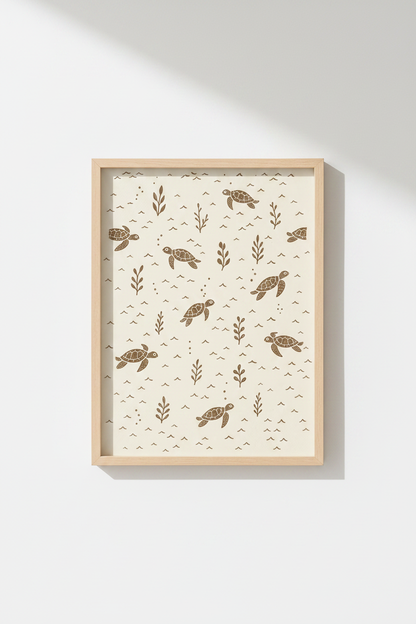 Sea Turtle Wall Art | Rustic Cream Tones, Coastal Living Room Poster