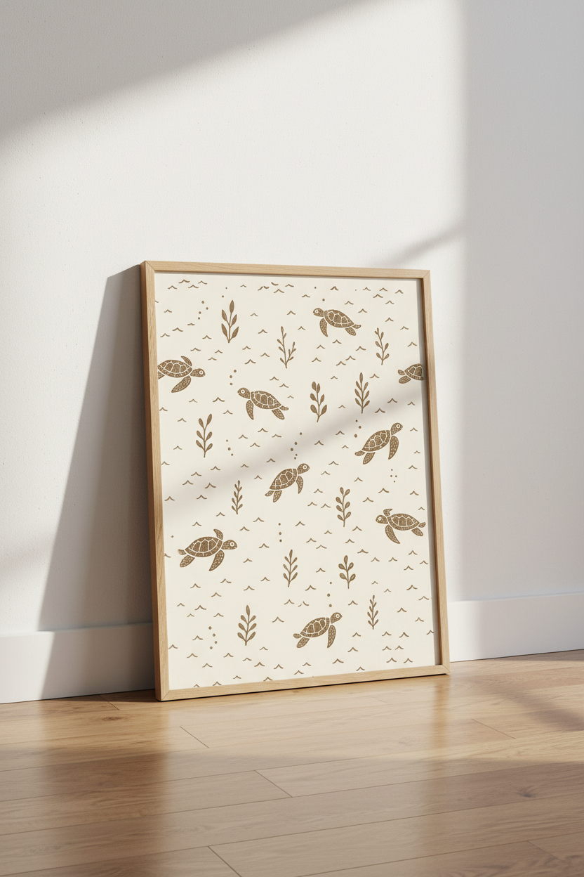 Sea Turtle Wall Art | Rustic Cream Tones, Coastal Living Room Poster
