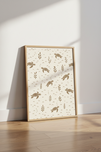 Sea Turtle Wall Art | Rustic Cream Tones, Coastal Living Room Poster
