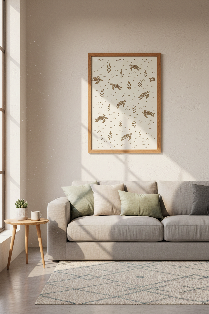 Sea Turtle Wall Art | Rustic Cream Tones, Coastal Living Room Poster