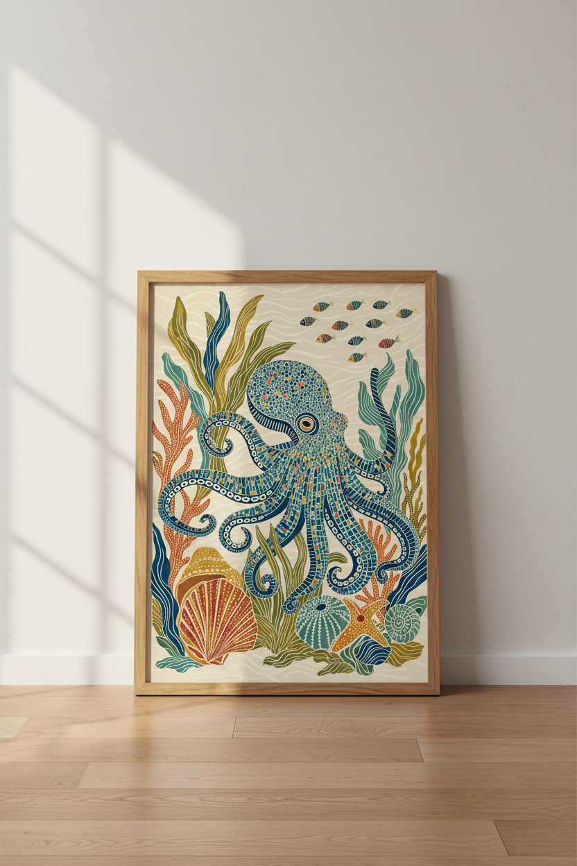 Mosaic Octopus Wall Art Print | Navy Blue Coastal Decor | Folk Art Poster