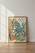 Mosaic Octopus Wall Art Print | Navy Blue Coastal Decor | Folk Art Poster