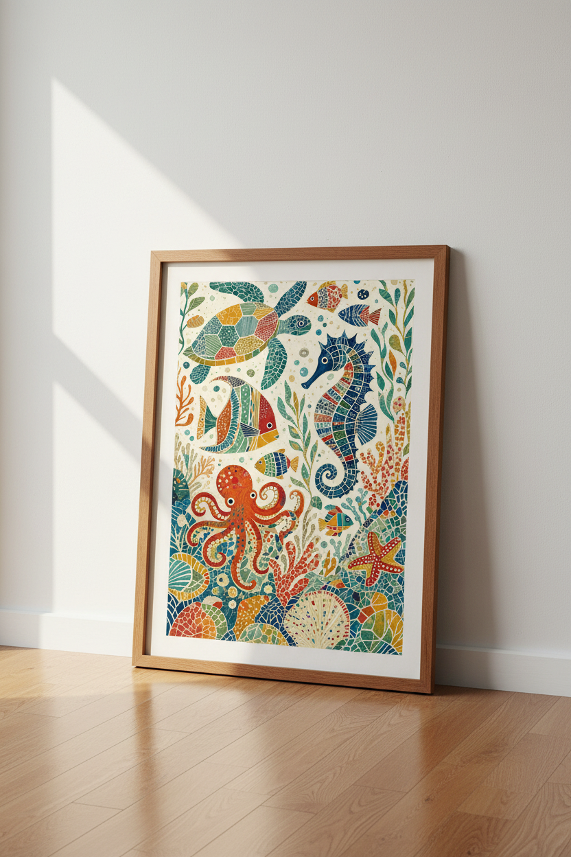 Mosaic Sea Life Wall Art | Colorful Ocean Animal Decor | Coastal Nursery Poster