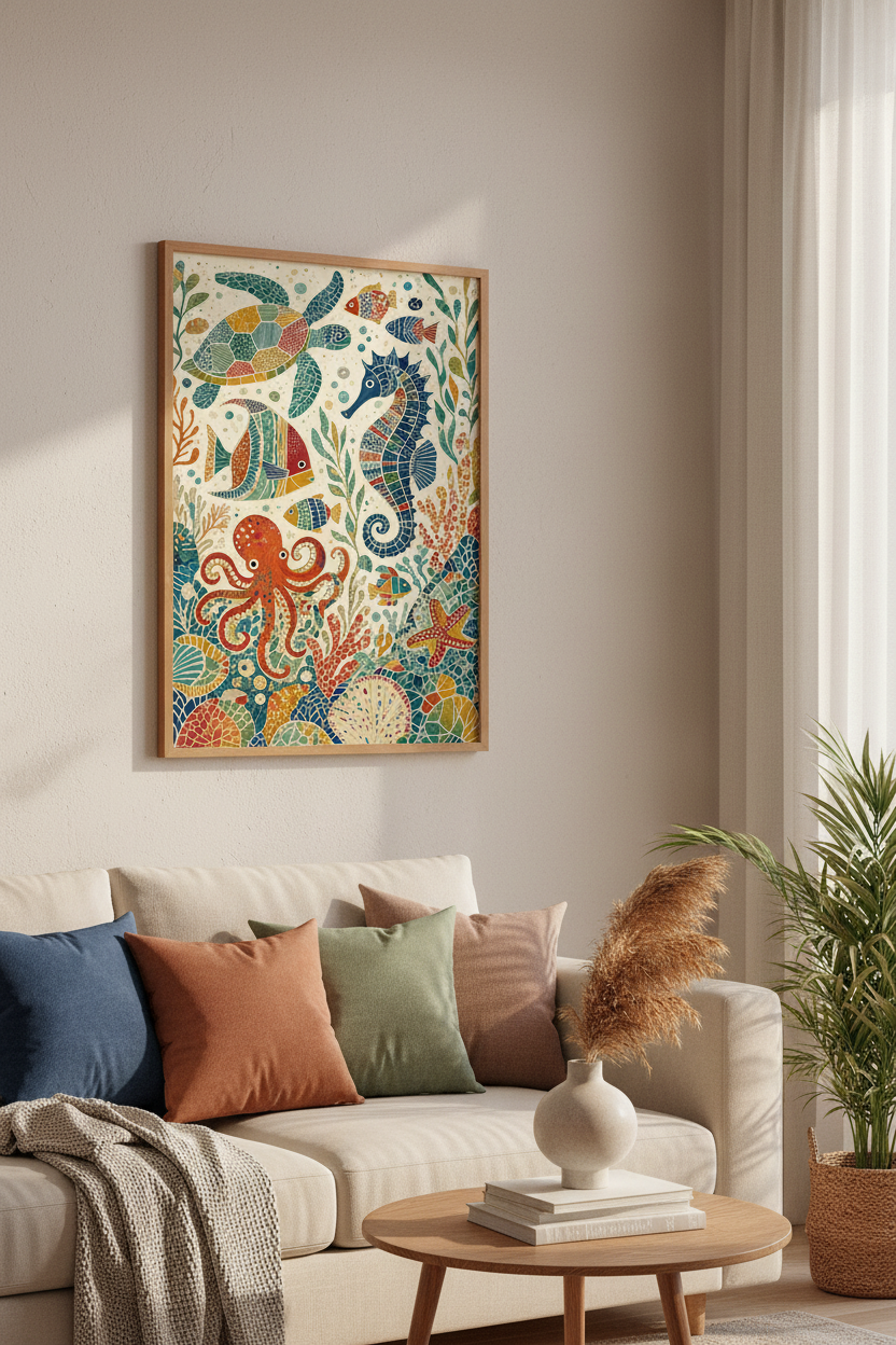 Mosaic Sea Life Wall Art | Colorful Ocean Animal Decor | Coastal Nursery Poster