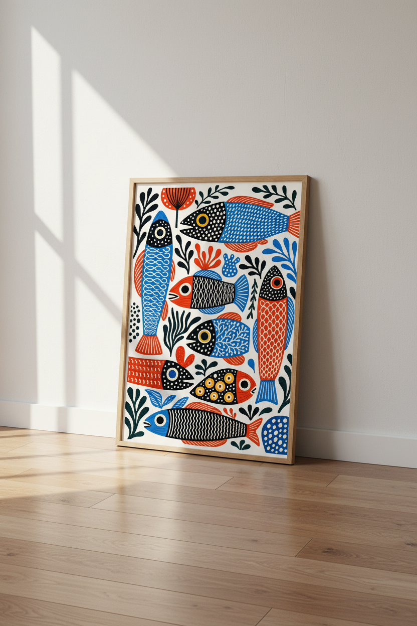 Folk Art Fish Wall Art | Blue and Red Nautical Poster, Coastal Kitchen Decor