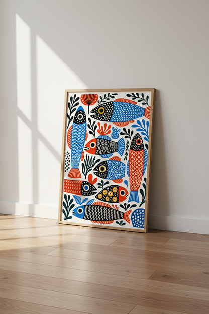 Folk Art Fish Wall Art | Blue and Red Nautical Poster, Coastal Kitchen Decor