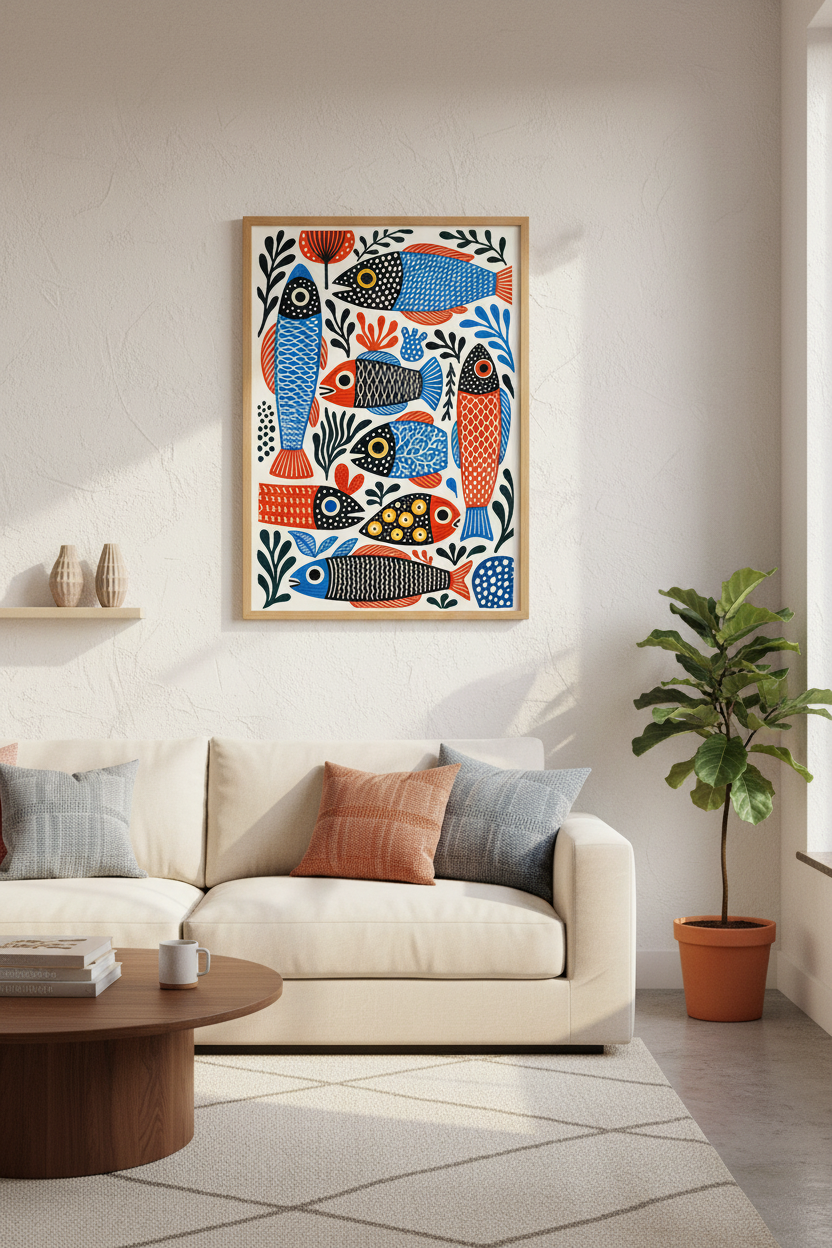 Folk Art Fish Wall Art | Blue and Red Nautical Poster, Coastal Kitchen Decor