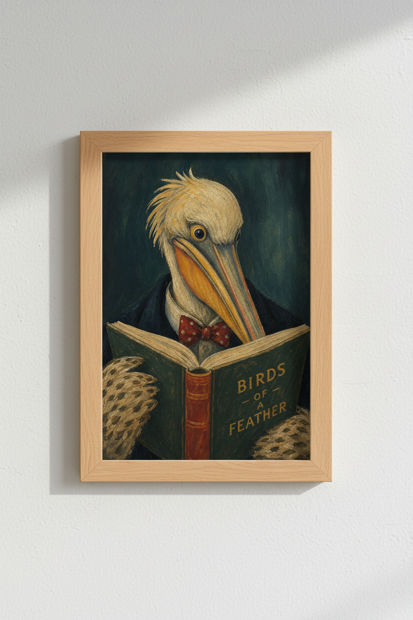 Bird Art Print | Pelican Reading Book, Dark Academia Library Decor Wall Art Poster