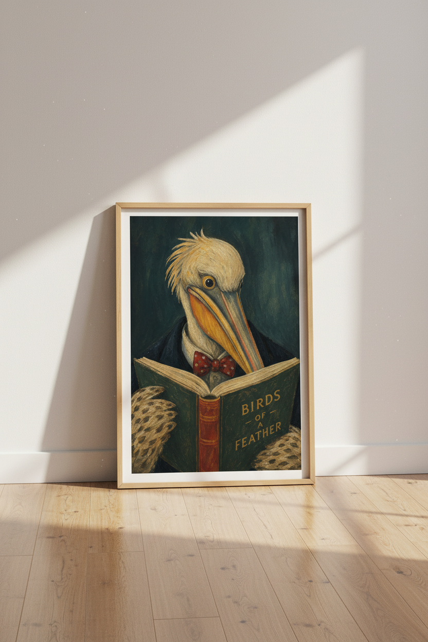 Bird Art Print | Pelican Reading Book, Dark Academia Library Decor Wall Art Poster